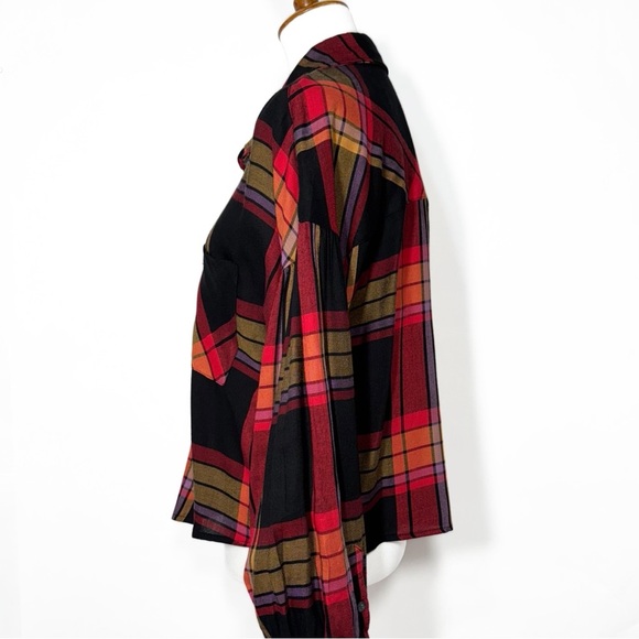 Sanctuary Colorful Plaid Red Black Puff Balloon Long Sleeve Buttondown Shirt L - Picture 6 of 11
